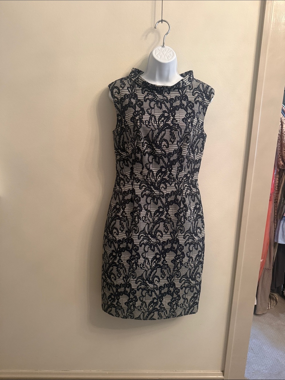Brooks Brothers Black Lace-Overlay Beige Sheath Dress